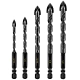 Masonry Drill Bit Set, 5Pcs Concrete Drill Bits Set for Tile, Brick, Glass, Plastic and Wood, Tungsten Carbide Tip Drill Bits for Wall Mirror and Ceramic Tile on Concrete and Brick Wall in Size 3/16, 1/4, 5/16, 3/8, 1/2inch