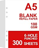 (3 Pack) A5 Blank Paper Refills, 6 Hole Punched, 300 Sheets/600 Pages Loose Leaf Paper for Large Leather Journal/Filofax Binders, 100gsm Blank Printing Paper, 5.8'' x 8.2''