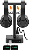 Dual Headphone Stand with USB Charger KAFRI Desk Gaming Double Headset Holder Hanger Rack with 2 USB Charging Port and 2 Outlet - Suitable for Gamer Desktop Table Game Earphone Accessories Gift