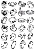 Vintage Silver Open Punk Rings for Men Women, 24PCS Adjustable Rings, Alt Rings, Chunky Silver Rings, Bulky Rings, Hippie Rings ,Cool Gothic Ring,Statement Stacking Ring, Skull Snake Star Flower Heart Eboy Emo Y2K Ring