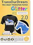 TransOurDream Glitter 2.0 Iron on Heat Transfer Paper for T Shirts (20 Sheets, 8.5x11'') Printable Heat Transfer Vinyl for Inkjet Printer Iron-on Transfers Paper for Light and Dark Fabric(TOD-GL2-20)