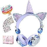 Unicorn Wireless Headphones for Kids,Cat Ear Bluetooth 5.0 Over Ear Headphones with Microphone for Cellphone/iPad/Laptop/PC/TV/PS4/Xbox One, Foldable Gaming Headset for Girls Teens Gift (Blue) …