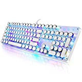 YSCP Typewriter Style Mechanical Gaming Keyboard RGB LED Backlit Wired Keyboard with Blue Switch Retro Round Keycap Black Retro Punk 104 Keys Cute Keyboard, White (104 Keys, White)