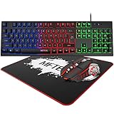 Rainbow Gaming Keyboard and Mouse Combo, MFTEK Wired RGB Backlit Gaming Keyboard and 4 Color Lighted Gaming Mouse Set with Mouse Pad for Computer PC Gamer Laptop Work