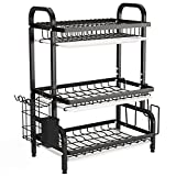 Dish Drying Rack, 1Easylife 3 Tier Dish Rack with Tray Utensil Holder, Large Capacity Rustproof Dish Drainer with Cutting Board Holder Drain Board Tray for Kitchen Counter Organizer Storage (Black)