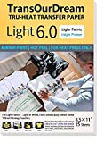 TransOurDream Iron on Heat Transfer Paper for Heat Press (25 Sheets, 8.5x11', Light 6.0) Iron-on Transfers for Light T-Shirts Fabrics Printable Heat Transfer Vinyl for Inkjet Printer(TRANS-L6-20)