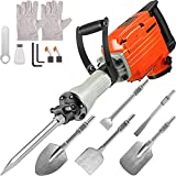 VEVOR Demolition Jack Hammer 3600W Jack Hammer Concrete Breaker 1800 BPM Heavy Duty Electric Jack Hammer 6pcs Chisels Bit w/Gloves & 360°Swiveling Front Handle for Trenching, Chipping, Breaking Holes
