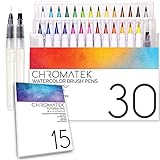 30 Watercolor Brush Pens, 15 Page Tutorial Pad and Online Video Series by Chromatek. Real Brush Tip. Vivid. Blendable. Professional Artist Quality. 27 Colors 3 Blending Water Brush Pens.