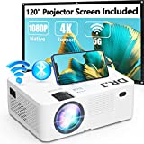 5G WiFi Bluetooth Projector, Full HD Native 1080P Projector 9500Lumens with Wireless Mirroring Screen, Compatible with TV Stick/HDMI/DVD Player/AV for Theater Movies [120' Projector Screen Included]
