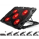 Pccooler Laptop Cooling Pad, Laptop Cooler with 5 Quiet Red LED Fans for 12-17.3 Inch Laptop, Dual USB 2.0 Ports, Portable 6 Angle Adjustable Laptop Stand for Gaming Laptop (PC-R5)