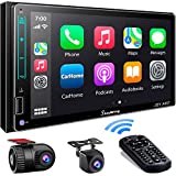 HD IPS Double Din Car Stereo with Dash Cam, Voice Control Carplay, Android Auto, Bluetooth, AHD Backup Camera, Mirror Link, Steering Wheel Controls, Subw, AM/FM, 7' Car Radio Receiver