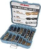 Hi-Spec 130 Piece Multi SAE Drill Bit Set. 11 Sizes 1/16in to 3/8in. Metal, Woods, Plastics, Dryall, Brick & Concrete Drilling with HSS Titanium, Masonry & Brad Point Steel Bits. Complete in a Tray Case