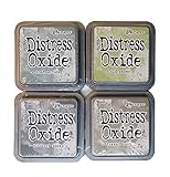 Tim Holtz Ranger Distress Oxide Ink Bundle - Four 3' x 3' Pads (W - Washed Out : Old Paper, Frayed Burlap, Iced Spruce, and Hickory Smoke)