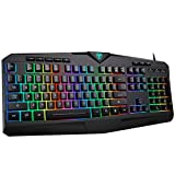 Membrane Gaming Keyboard, YoChic Rainbow LED Backlit Quiet USB Wired 104 Silent Keys, Crater Architecture, 25 Anti-Ghosting Spill-Resistant Computer Keyboard for Desktop, Computer, PC, Black