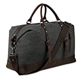 BLUBOON Canvas Overnight Bag Travel Duffel Genuine Leather for Men and Women Weekender Tote (Dark Grey)