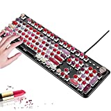 FELICON Lipstick Mechanical Gaming Keyboard, Typewriter Style Retro Keyboard with White LED Backlit,104-Key Anti-Ghosting Blue Switch Wired USB Metal Panel Round Keycaps for Desktop, Laptop