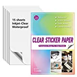 Clear Sticker Paper for Inkjet Printer - 15 Sheets ( 8.5' x 11') Waterproof Printable Vinyl Sticker Paper for DIY Personalized Stickers Holds Ink Beautifully & Dries Quickly