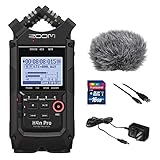 Zoom H4n Pro All Black 4-Track Portable Recorder (2020 Model) with Zoom AD-14 AC Adapter, Windbuster, 16GB Memory Card & USB Cable Bundle