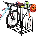 BIRDROCK HOME 3 Bike Stand Rack with Storage – Metal Floor Bicycle Nook – Great for Parking Road, Mountain, Hybrid or Kids Bikes – Garage Organizer - Helmet - Sports Storage Station - Black