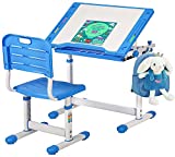 FDW Children Desk Kids Desk and Chair Set, Height Adjustable Student Study Desk for Home Schooling with Storage Drawer,180°Bookshelf, 55°Tilted Desktop Metal Hook，Blue