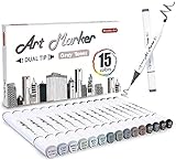 Shuttle Art 15 Colors Grey Tones Dual Tip Art Marker, Permanent Marker Pens Double Ended with Fine Bullet and Chisel Point Tips Perfect for Drawing,Shading,Sketching,Designing,Outlining,Illustrating