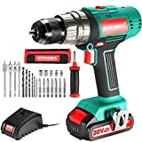 Cordless Hammer Drill Driver 20V, HYCHIKA 400 In-lbs Torque Power Drill with Auxiliary Handle, 1/2” Metal Chuck, 2.0Ah Battery, 1H Fast Charger, 21+3 Clutch, LED Light for Drilling Wood Metal Wall