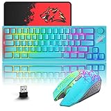 ZIYOU LANG T50 Wireless Gaming Keyboard and Mouse Combo Mini Portable with Cool RGB Backlit Ergonomic 64Key TKL Mechanical Rechargeable 4000mAh Battery Anti-ghosting Media Knob for PC Mac Gamer(Blue)
