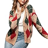 Women's V-Neck Rhombus Long Sleeve Knit Cardigan Sweater College Style Khaki Cardigan Sweater