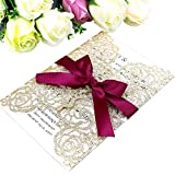 PONATIA 25PCS Hollow Rose Laser Cut Wedding Invitations Cards with Envelopes, Printable Paper with Burgundy Ribbons For Wedding Bridal Shower Engagement Sweet 16 Birthday Invite (Gold Glitter)