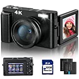 4K Digital Camera for Photography and Video Autofocus Anti-Shake, 48MP Vlogging Camera with SD Card, 3'' 180° Flip Screen Compact Camera with Flash, 16X Digital Zoom Travel Camera (2 Batteries)
