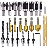 Rocaris 23-Pack Woodworking Chamfer Drilling Tool, 6pcs 1/4' Hex 5 Flute 90 Degree Countersink Drill Bits, 7pcs Three Pointed Countersink Drill Bit with L-Wrench, 8PCS Wood Plug Cutter, and Automatic