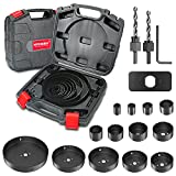 Hole Saw Set HYCHIKA 19 Pcs Hole Saw Kit with 13Pcs Saw Blades, 2 Mandrels, 2 Drill Bits, 1 Installation Plate, 1 Hex Key, Max Size 6' and Min Size 3/4', Ideal for Soft Wood, Plywood, Drywall, PVC
