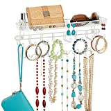 mDesign Steel Wall Mount Closet Jewelry Storage Organizer Rack Holder with 8 Hooks and Basket for Bedroom - Holds Necklaces, Bracelets, Watches, Sunglasses, Purses - Concerto Collection - White