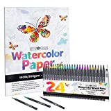 Brite Crown Watercolor Pen Set – 24 Watercolor Brush Pen Markers - Kit Includes Watercolor Paper Pad (140lb/300gsm) and Refillable Water Brush Pen for Teens, Kids and Adults