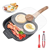 Egg Pan,Egg Frying Pan,Fried Egg Pan with Lid Nonstick 3 Section Pancake Pan Divided Pan for Breakfast,Gas & Induction Compatible, 8.3 Inch