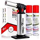 Kitchen Torch With Butane included - Refillable Butane Torch With Safety Lock & Adjustable Flame + Fuel gauge - Culinary Torch, Creme Brulee Torch for Cooking Food, Baking, BBQ, 2 Cans Included