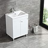 Sliverylake 24 Inch Solid MDF Wood Cabinet Storage Bathroom Vanity Top Vessel Sink Undermount in White with Faucet & Drain