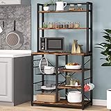 Tribesigns 6-Tier Kitchen Baker's Rack with 6 Hooks and Hutch, Free Standing Microwave Oven Stand with 2 Wire Baskets, Utility Storage Shelf Kitchen Island (Brown)