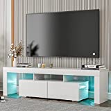 IKIFLY White TV Stand for 65+ inch TV, Modern LED TV Stand w/16 Colors&Remote Control Lights, High Glossy TV Cabinet w/Storage&2 Drawers，65 Inch Entertainment Center for Living Room