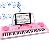 WOSTOO Kids Keyboard Piano, Portable 61 Keys Keyboard Electronic Digital Piano, Early Learning Educational Musical Piano Toy Keyboard Gift for Beginners with Music Stand, Microphone (Pink)