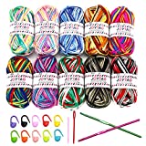 JOYTAG 10 Acrylic Yarn Skeins,Multicolor Crochet Craft Yarn for Crocheting and Knitting,with Crochet Hooks Knitting Needles Stitch Markers,Crochet Yarn Starter Kit for Beginners(650 Yard/250g)