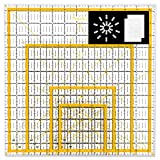 Magicfly Acrylic Quilting Ruler (4.5'x4.5', 6'x6', 9.5'x9.5', 12.5'x12.5') Set of 4 Transparent Quilter Square Ruler with 48 Non-Slip Rings & 20Pcs Transparent Sewing Clips, Double-Colored Grid Lines