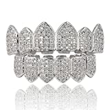 JINAO 18K Gold Plated Grills for Your Teeth Macro Pave CZ Iced Out Grillz with Extra Molding Bars Included (Silver Set)