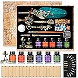 AIYNC Feather Ink Set, With Quill Pen, Wooden Dip Pen, Glass Dip Pen, 6 Bottles Ink, 16 Letter Paper, 2 Envelopes, 17 Nibs, Pen Holder, 2 Bottles Fire Lacquer Wax, Stamp, Spoon, White Wax, Cup(Green)